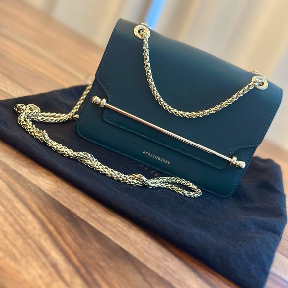 Strathberry Timeless Bottle Green East/West Bag with Gold Chain. - Picture 1 of 12